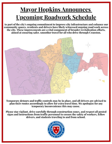 Mayor Hopkins, City of Cranston Share Upcoming Roadwork Schedule